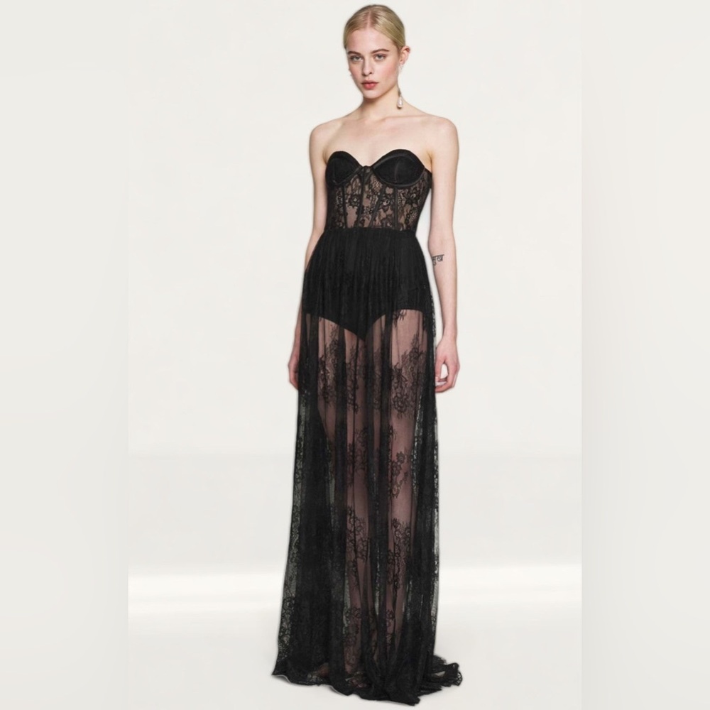 Lexi Sheridan Black‎ Lace Strapless Gown Dress Sheer Maxi US 8 NWT